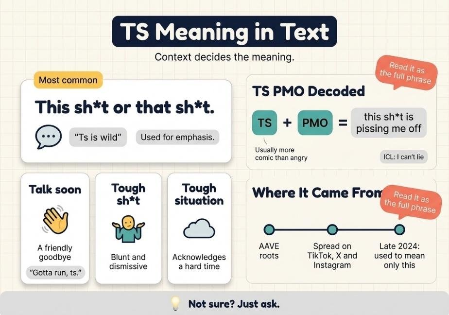 A flat-design educational infographic titled "TS Meaning in Text: Context decides the meaning." set on an off-white grid background. A large "Most common" hero card highlighted in yellow defines the primary meaning as "This sht or that sht" (used for emphasis) alongside the example "Ts is wild". Below it, three smaller cards outline secondary meanings: "Talk soon" (friendly goodbye), "Tough sht" (blunt/dismissive), and "Tough situation" (acknowledging a hard time). The right side features a breakdown of "TS PMO Decoded" ("this sht is pissing me off"), an origin timeline tracing AAVE roots to 2024 social media spread, a coral callout sticker reading "Read it as the full phrase," and a footer banner stating "Not sure? Just ask."
