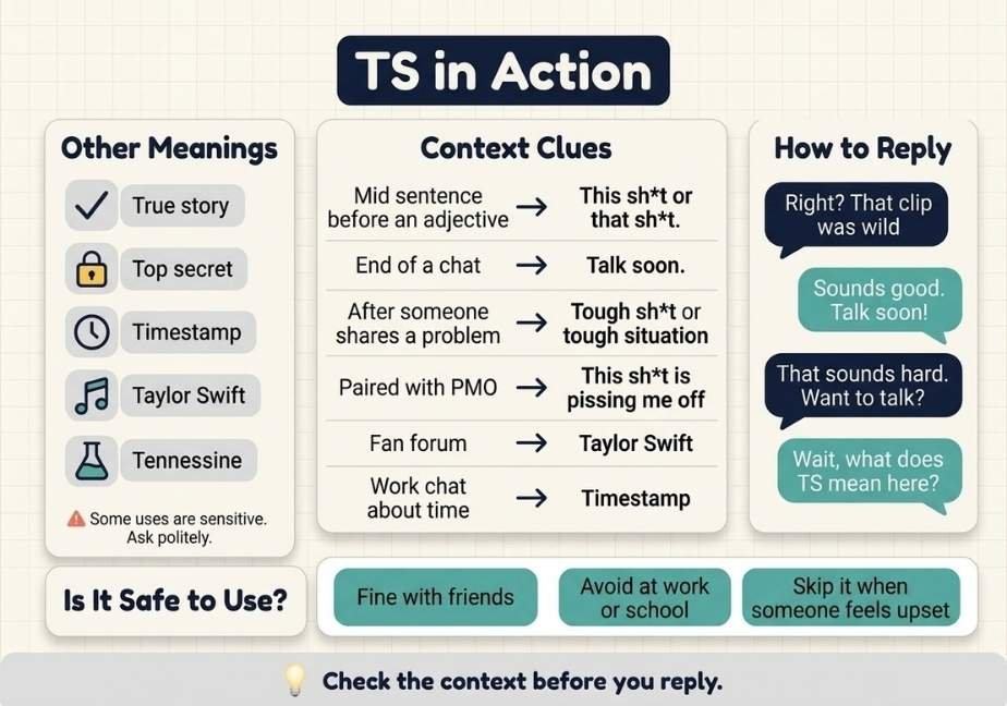 A flat-design educational infographic titled "TS in Action" set on an off-white grid background detailing usage context and replies. The left section, "Other Meanings," features five icon chips listing additional uses: "True story," "Top secret," "Timestamp," "Taylor Swift," and "Tennessine," with a caution note for sensitive uses. The middle section, "Context Clues," uses a six-row arrow chart mapping text scenarios (e.g., end of chat, fan forum, work chat) to their correct interpretation. The right section, "How to Reply," displays four stacked speech bubbles with suggested conversational responses. The bottom area features an "Is It Safe to Use?" safety strip with guidance chips, grounded by a footer banner stating "Check the context before you reply."
