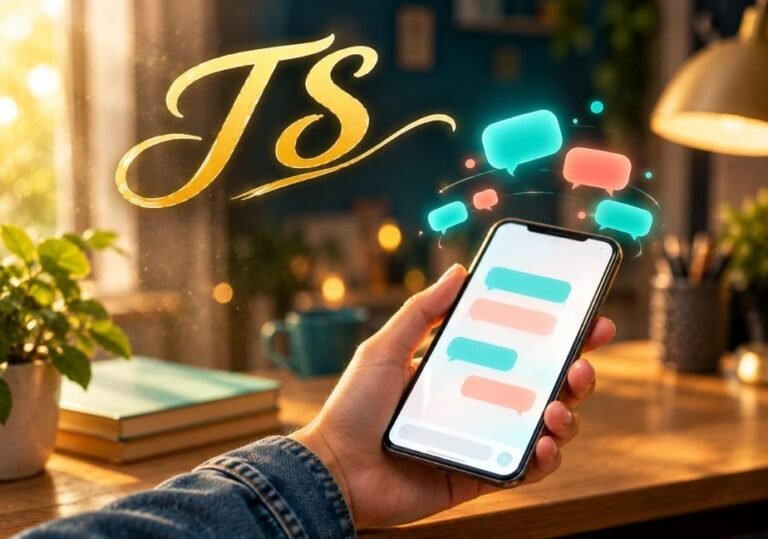 A close-up view of a person's hand holding a smartphone displaying a chat messaging interface on its screen. Floating above the device are glowing 3D-style speech bubbles in vibrant teal and coral tones. The scene is set in a cozy, warmly lit indoor desk environment with books, a potted plant, and a warm desk lamp in the soft-focus background. Prominently rendered in the upper-left area, the letters "TS" float in an elegant, glowing gold cursive script.