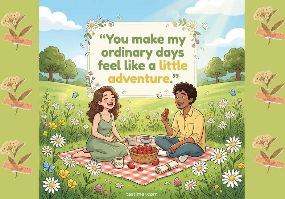 Cheerful illustration of a couple having a sunny meadow picnic on a red gingham blanket, surrounded by daisies, strawberries, butterflies, and green trees. A framed light panel above them contains the text: “You make my ordinary days feel like a little adventure.” with "tastimer.com" centered at the bottom.