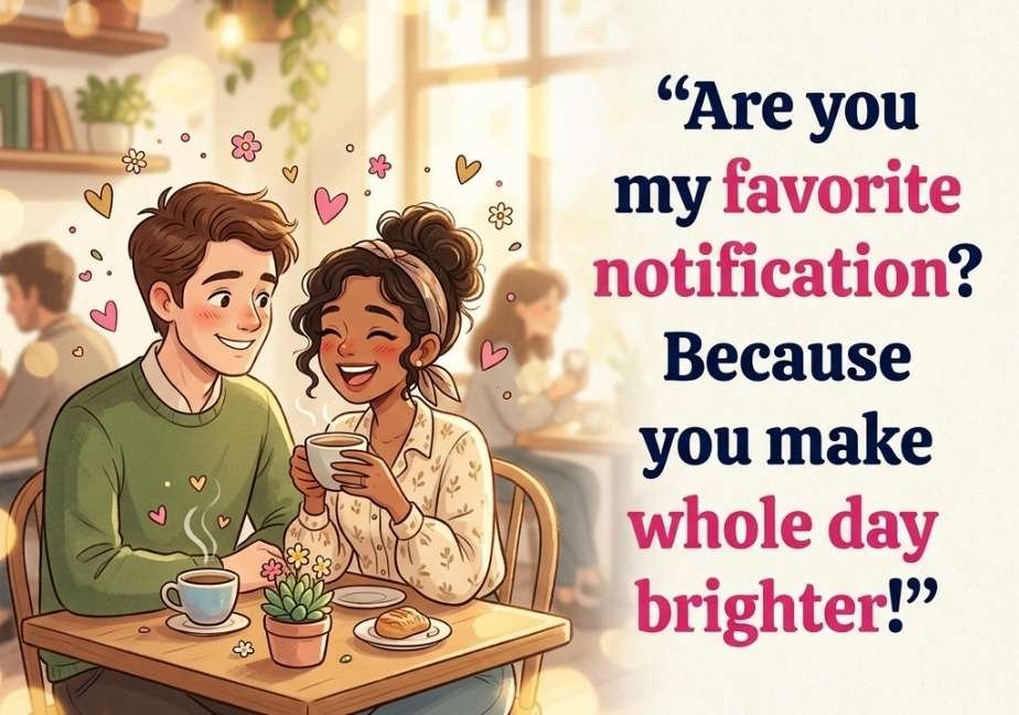Cute cartoon illustration of a couple sitting together at a cozy café table with coffee cups, surrounded by warm golden sunlight, tiny flowers, and pink hearts. On the right, bold dark navy and hot-pink text reads, “Are you my favorite notification? Because you make my whole day brighter!” with "tastimer.com" centered at the bottom.