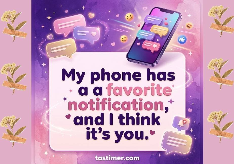 Dreamy 3D social media graphic featuring a purple gradient background with floating chat bubbles, a smartphone, glowing stars, and hearts. A large pale panel in the center displays the quote, “My phone has a favorite notification, and I think it’s you.” in bold, rounded purple and pink lettering, with "tastimer.com" at the bottom.