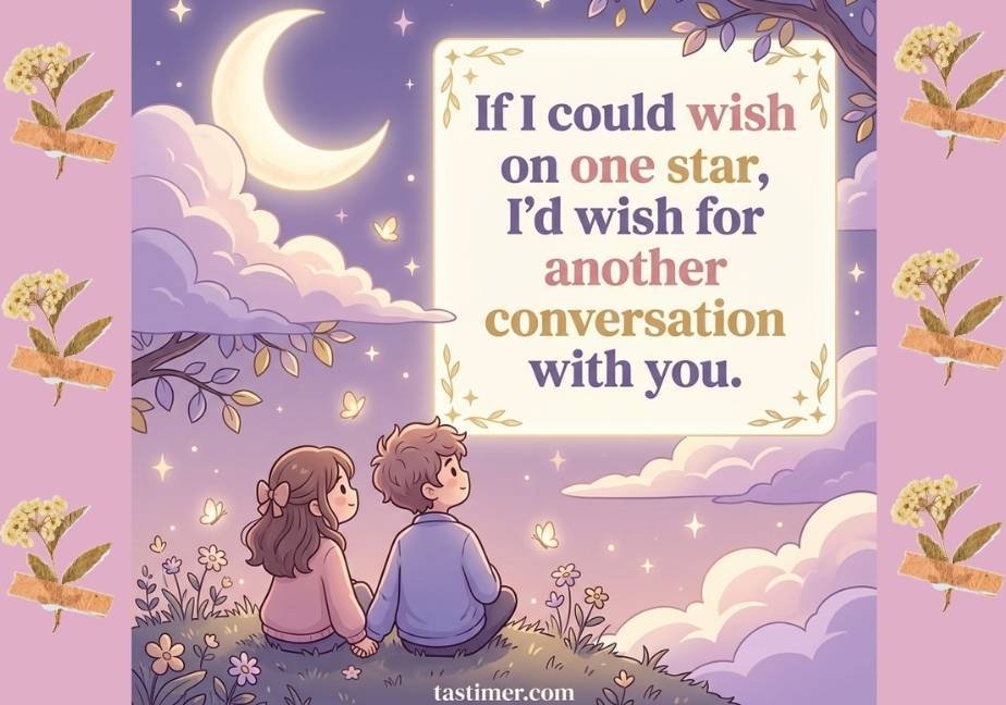 Soft lavender and gold night sky illustration showing a cartoon couple sitting on a grassy hill looking up at a glowing crescent moon, fluffy clouds, and butterflies. A softly glowing central panel displays the text: “If I could wish on one star, I’d wish for another conversation with you.” with "tastimer.com" centered at the bottom.