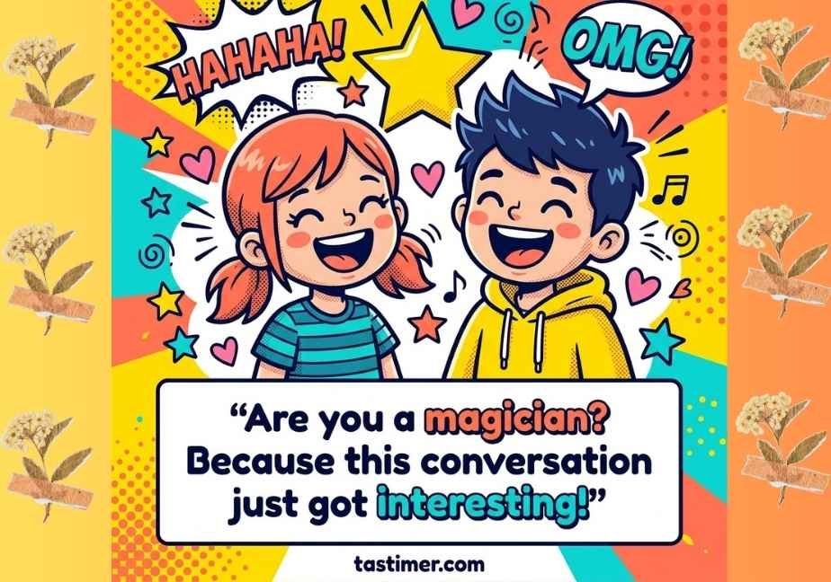Vibrant comic pop-art illustration featuring two cartoon characters laughing together with speech bubbles saying "HAHAHA!" and "OMG!" surrounded by yellow stars, pink hearts, and colorful burst patterns. A white box below displays the text: “Are you a magician? Because this conversation just got interesting!” with highlighted words and "tastimer.com" at the bottom center.