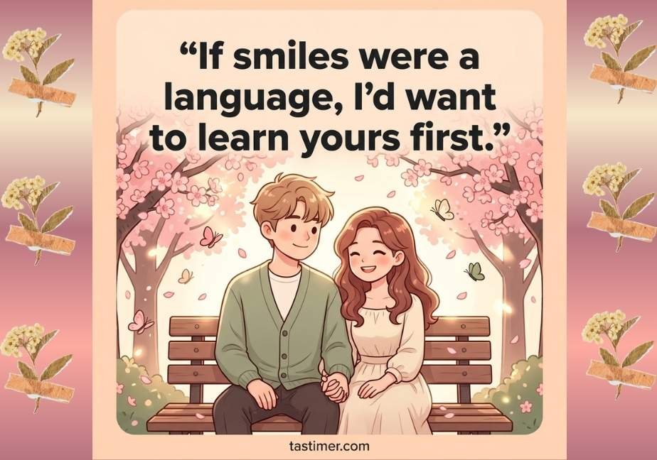 Soft-toned illustration of a friendly cartoon couple sitting on a bench holding hands beneath blooming cherry blossom trees with falling pink petals and butterflies. Above them, bold dark typography displays the quote: “If smiles were a language, I’d want to learn yours first.” with "tastimer.com" centered at the bottom.