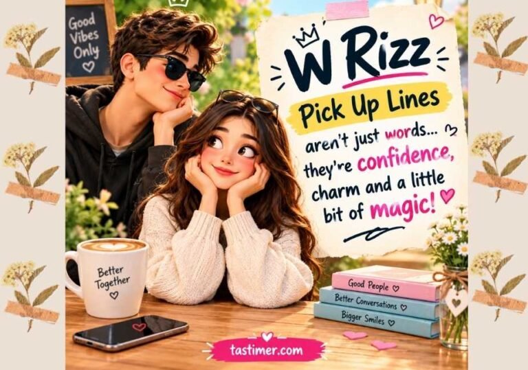 Cute W Rizz Pick Up Lines quote image featuring an illustrated couple in a cozy café, with romantic heart doodles, bold inspirational text, warm pastel colors, and tastimer.com branding at the bottom center.