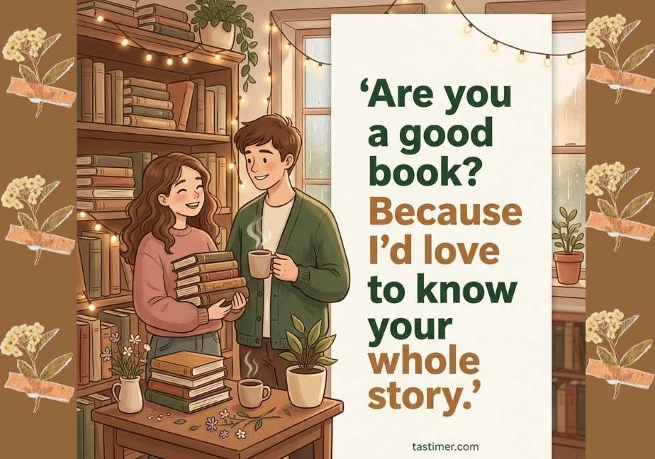 Cozy bookstore illustration featuring bookshelves stacked with books, fairy lights, warm coffee mugs, and an illustrated couple sharing a smile. A white bookmark-style panel on the right displays the quote: “Are you a good book? Because I’d love to know your whole story.” with "tastimer.com" at the bottom.