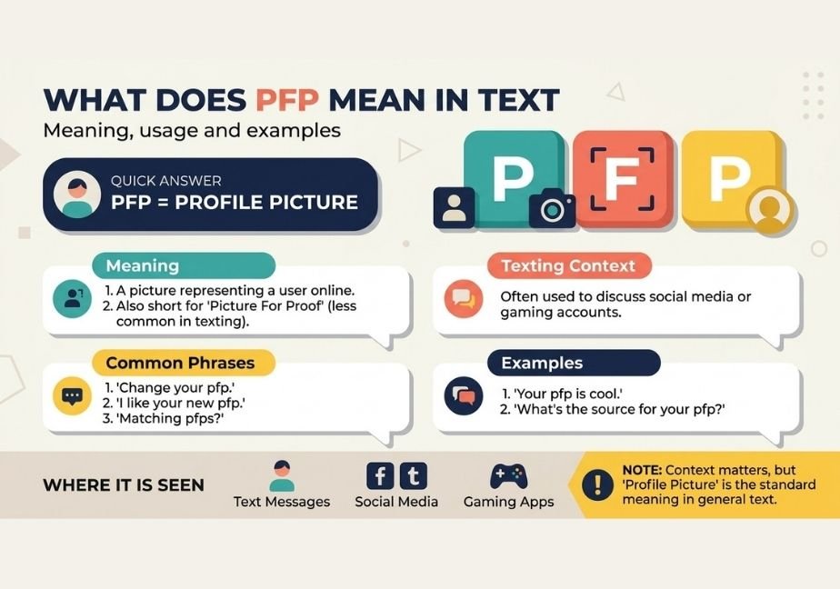 Infographic titled "What Does PFP Mean in Text?" explaining "Profile Picture" with a letter tile breakdown, common texting phrases, and platforms where it is used.   