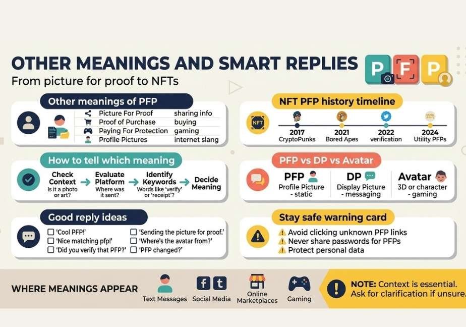 Infographic titled "Other Meanings and Smart Replies" covering alternate definitions like "Picture for Proof" and NFT PFPs, along with reply ideas and safety tips.   