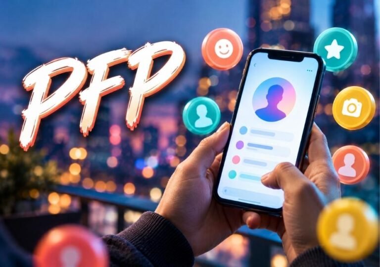 Visual banner with brush text reading "PFP" alongside hands holding a smartphone displaying a profile screen, surrounded by floating profile icon bubbles over a blurred city dusk background.
