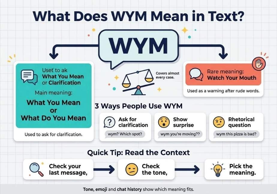 An educational infographic titled "What Does WYM Mean in Text?" breaking down its primary meaning ("What Do You Mean"), rare meaning ("Watch Your Mouth"), three common usage scenarios, and contextual tips.