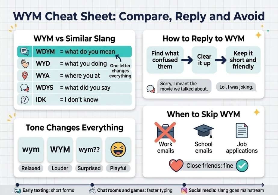 A reference cheat sheet infographic titled "WYM Cheat Sheet: Compare, Reply and Avoid" detailing similar acronyms, reply strategies, tone variations, workplace etiquette, and a brief history of text slang.