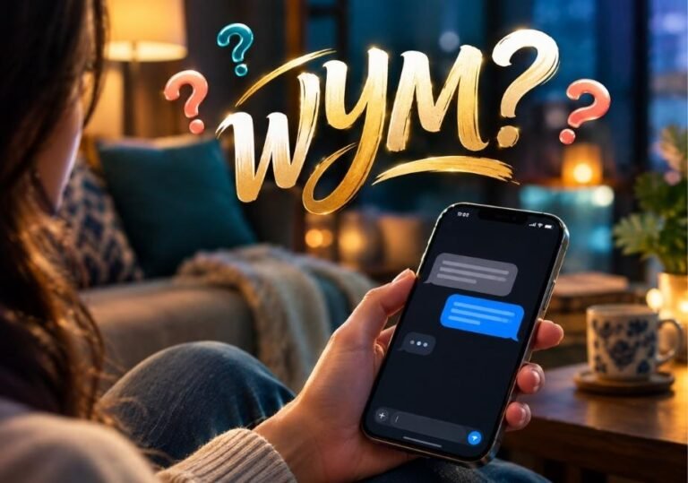 A person holding a smartphone showing a text chat in a cozy living room setting. Floating above the phone is large, glowing gold calligraphic text reading "WYM?" surrounded by colorful, glossy 3D question marks.