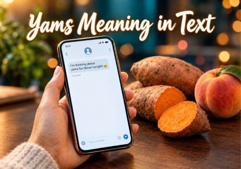 A smartphone showing a text message reading "I'm thinking about yams for dinner tonight!" placed next to fresh yams and a peach with "Yams Meaning in Text" overlay text.
