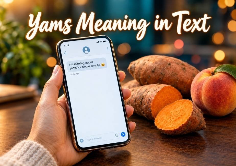 A smartphone showing a text message reading "I'm thinking about yams for dinner tonight!" placed next to fresh yams and a peach with "Yams Meaning in Text" overlay text.