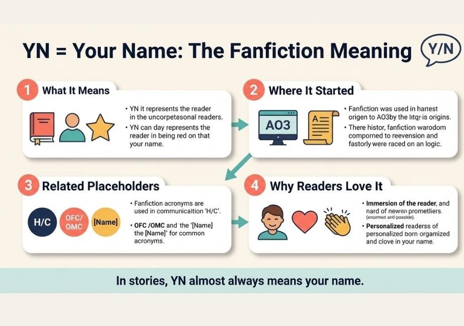 Infographic titled "YN = Your Name: The Fanfiction Meaning" detailing fanfiction placeholders, origins across platforms like AO3, related acronyms, and why readers enjoy self-insert stories.