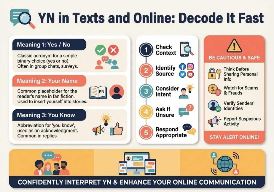 Infographic titled "YN in Texts and Online: Decode It Fast" providing a guide to interpreting "YN" in texts, including meanings like "Yes/No" or "You Know", step-by-step decoding flow, and safety tips.