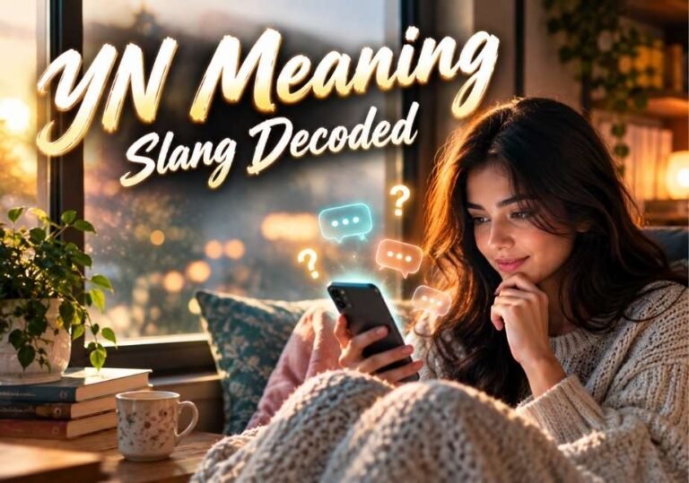 Graphic featuring stylized text reading "YN Meaning Slang Decoded" showing a young woman resting indoors near a window by warm sunset light, smiling at floating chat bubble and question mark icons above her smartphone.